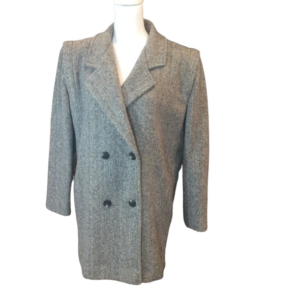 Vintage Black & White Herringbone Double Breasted Wool Overcoat Size 14 - Picture 4 of 16